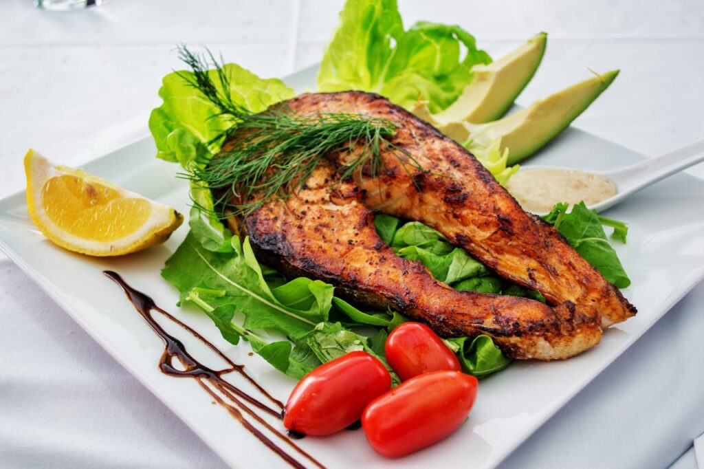 grilled salmon leafy greens plate