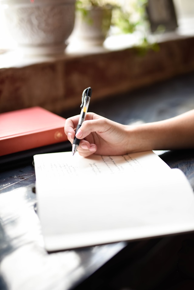 person writing in notebook desk natural light