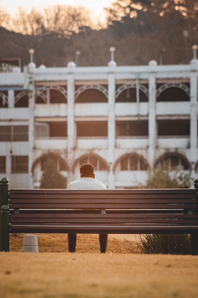 person sitting on park bench morning sunlight